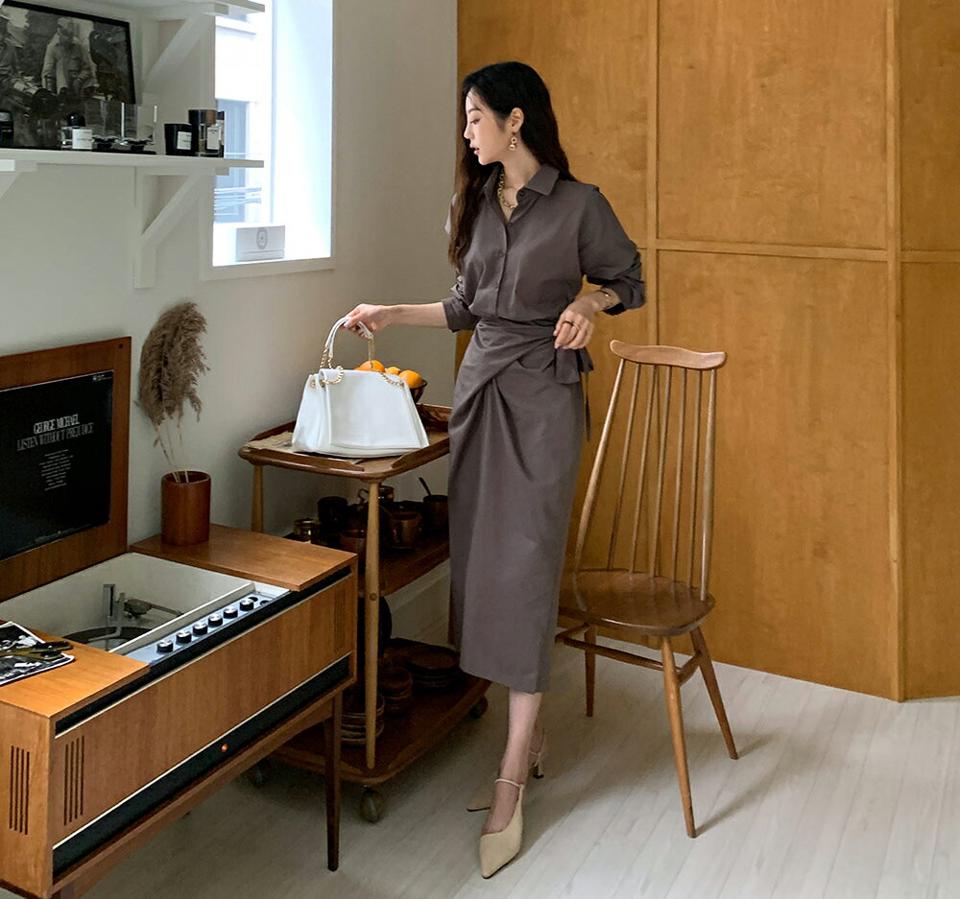 ラップシャツワンピース・全3色・t65864 レディース 【ops】韓国ファッション ワンピース ロング丈 大人 カラーネック ラップシャツ シャツワンピース ロング丈 ゴム 長袖 スリット シンプル フェミニン 秋 春