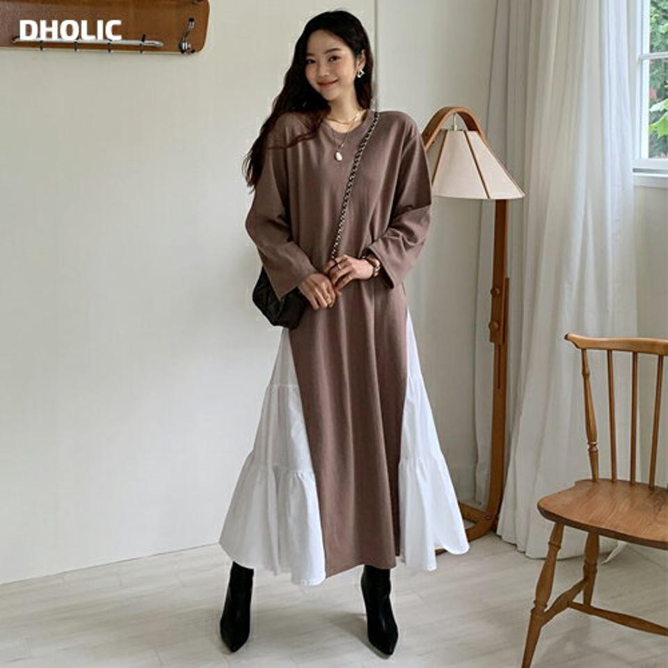 【感謝祭特価】サイドギャザー配色ワンピース・全2色・b65866 レディース 【ops】韓国ファッション ワンピース ロング ロングワンピース 大人 ラウンドネック 配色 ロング丈 長袖 ギャザー ルーズ ガーリー シンプル フェミニン 体型カバー 秋 春