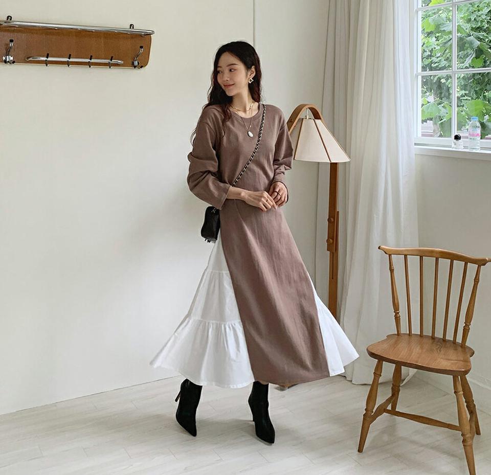 【感謝祭特価】サイドギャザー配色ワンピース・全2色・b65866 レディース 【ops】韓国ファッション ワンピース ロング ロングワンピース 大人 ラウンドネック 配色 ロング丈 長袖 ギャザー ルーズ ガーリー シンプル フェミニン 体型カバー 秋 春