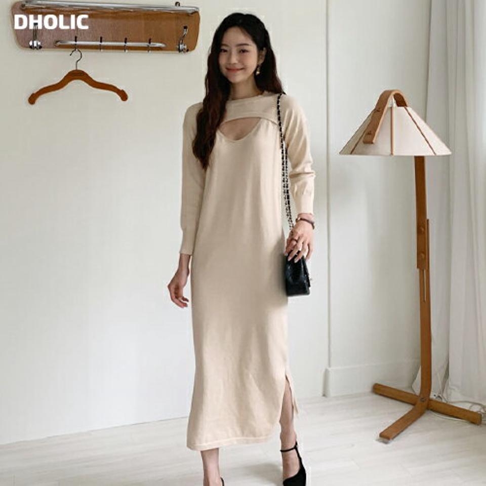 ショートニット&ノースリワンピースSET・全3色・t65868 レディース 【ops】韓国ファッション ワンピース ロング ロングワンピース ノースリ ショートニット Uネック 大人 セット ボレロ風 Hライン ロング丈 シンプル フェミニン 体型カバー 秋 春