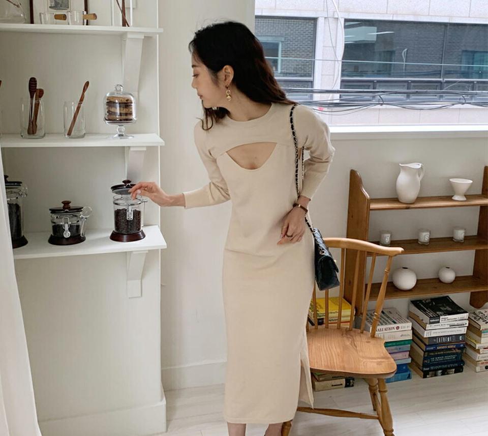 ショートニット&ノースリワンピースSET・全3色・t65868 レディース 【ops】韓国ファッション ワンピース ロング ロングワンピース ノースリ ショートニット Uネック 大人 セット ボレロ風 Hライン ロング丈 シンプル フェミニン 体型カバー 秋 春