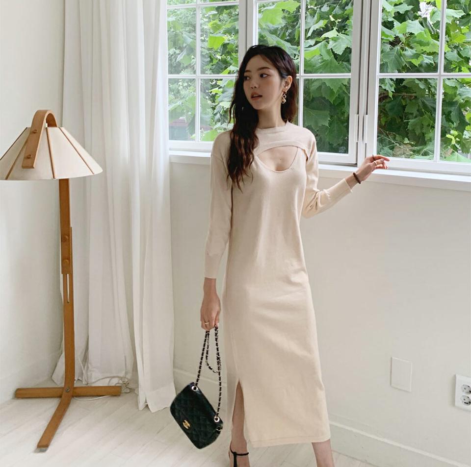 ショートニット&ノースリワンピースSET・全3色・t65868 レディース 【ops】韓国ファッション ワンピース ロング ロングワンピース ノースリ ショートニット Uネック 大人 セット ボレロ風 Hライン ロング丈 シンプル フェミニン 体型カバー 秋 春