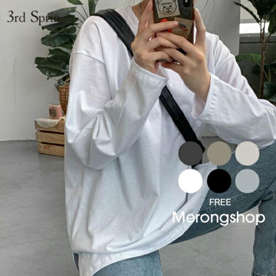 MERONGSHOP(メロンショップ)ボックスフィットロングTシャツ【9/8up_ka】【メール便】韓国 韓国ファッション　レディース トップス Tシャツ ロンT ラウンドネック 丸首 サイドスリット ルーズフィット らくちん 無地 着回し 秋 冬レディース ファッション【5】
