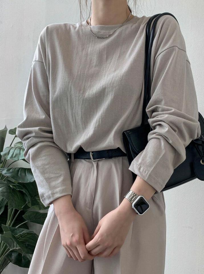 MERONGSHOP(メロンショップ)ボックスフィットロングTシャツ【9/8up_ka】【メール便】韓国 韓国ファッション　レディース トップス Tシャツ ロンT ラウンドネック 丸首 サイドスリット ルーズフィット らくちん 無地 着回し 秋 冬レディース ファッション【5】