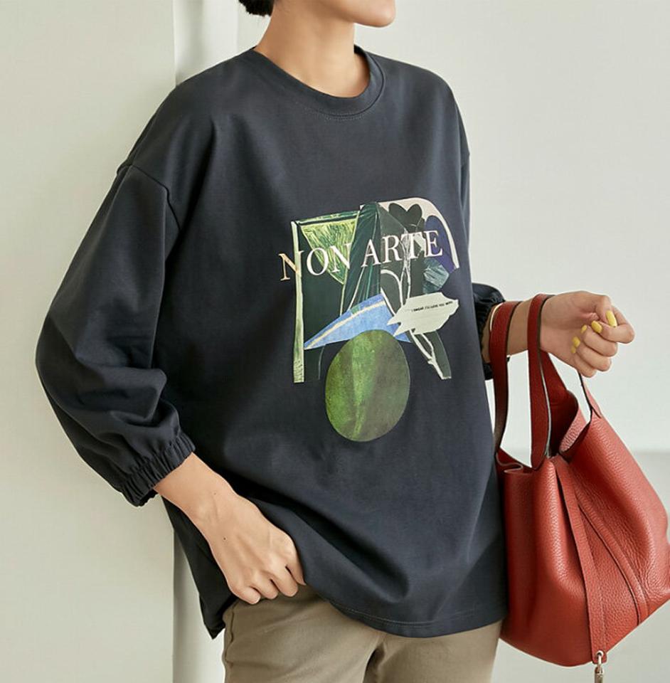 JOAMOM(ジョアマム)NON ARTE ロングTシャツ【9/6up_ka】【メール便】韓国 韓国ファッション　レディース トップス Tシャツ 長袖 ロンT プリントT バンディング袖 ラウンドネック 丸首 ゆったり らくちん 着回し 秋 冬レディース ファッション【予】