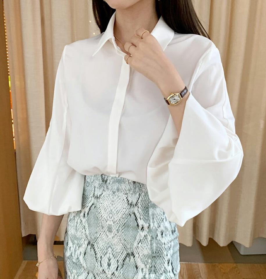 フライフロントカラーバルーンブラウス・全3色・b00258 レディース 【bl】トップス ブラウス 七分丈 七分袖 7分丈 7分袖 バルーンスリーブ パフ袖 パフスリーブ フェミニン ユニーク 上品 大人 春 秋 韓国 ファッション ハイホリHIHOLLI