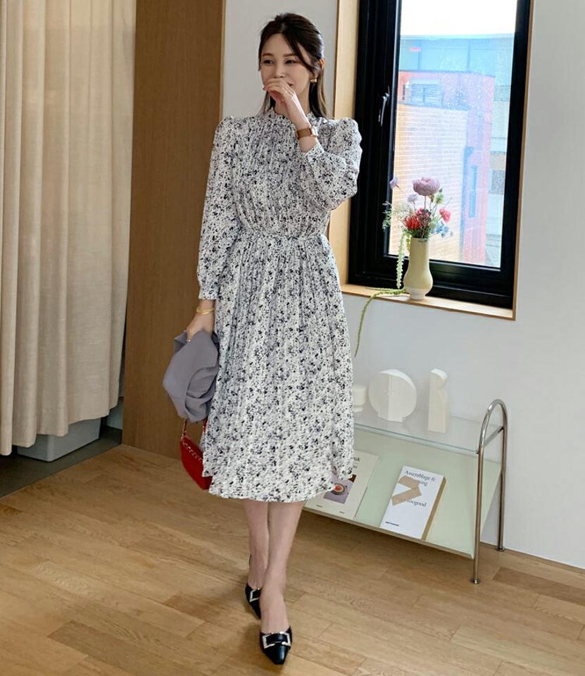 即日配送 ストラップ付ハーフネックパターンワンピース・全3色・b00268 レディース 【ops】ワンピース 長袖 花柄 ハーフネック プリーツ 揺れ感 体型カバー フェミニン シック モダン 大人 春 秋 韓国ファッション ハイホリHIHOLLI