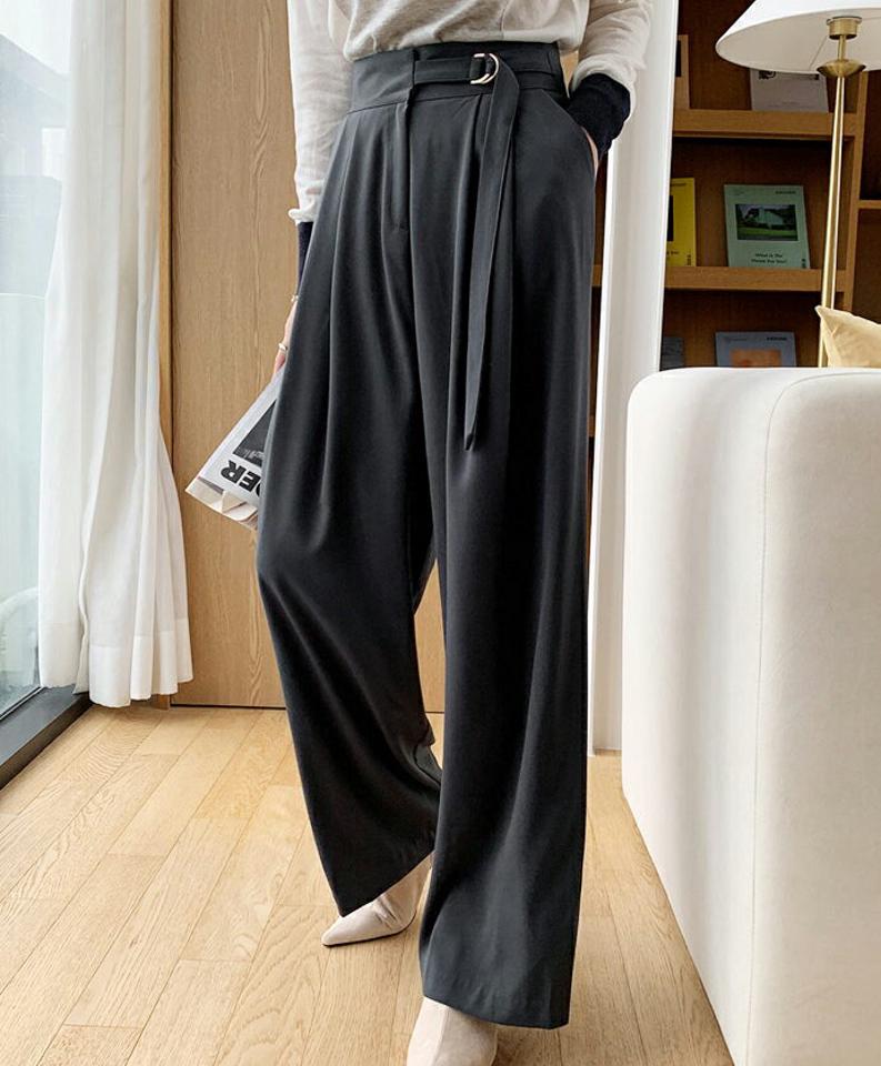 ベルトツータックワイドスラックスパンツ・全3色・t00281 レディース 【pt】スラックス パンツ ズボン ロングパンツ ワイド 単色 無地 シンプル ツータック ベルト 大人 カジュアル 春 秋 韓国 ファッション ハイホリHIHOLLI