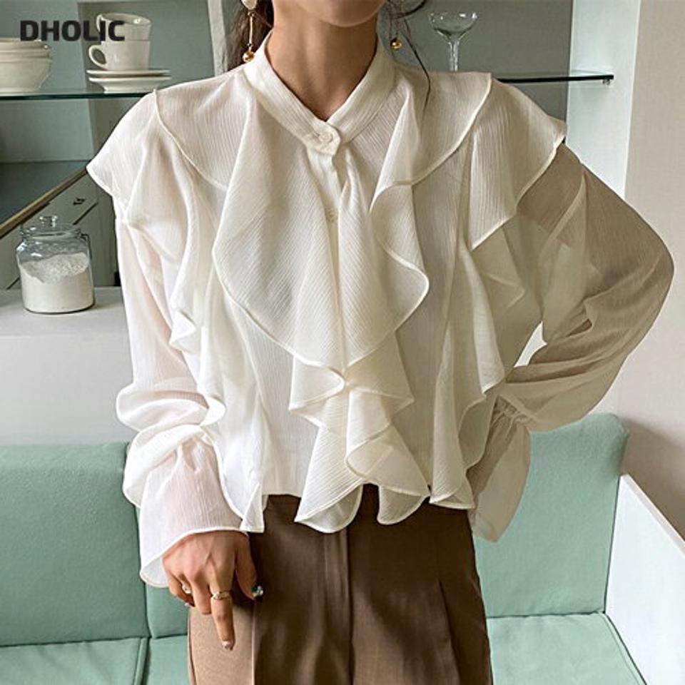 ストラップ付フリルシースルーブラウス・全3色・t58067 レディース 【bl】韓国ファッション トップス ブラウス 長袖 大人 バンドカラー フリル シースルー ストラップ 上品 シンプル フェミニン ガーリー カジュアル 秋 春