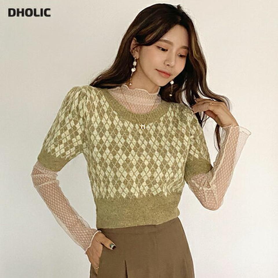 【只今10%OFF】クロップドアーガイルパターンニット・全3色・b58098 レディース 【tops】韓国ファッション トップス ニット 大人 半袖 ニット ラウンドネック クロップド丈 アーガイルパター 配色 シンプル カジュアル 体型カーバー 細身 フェミニン 上品 秋 春【NIT】