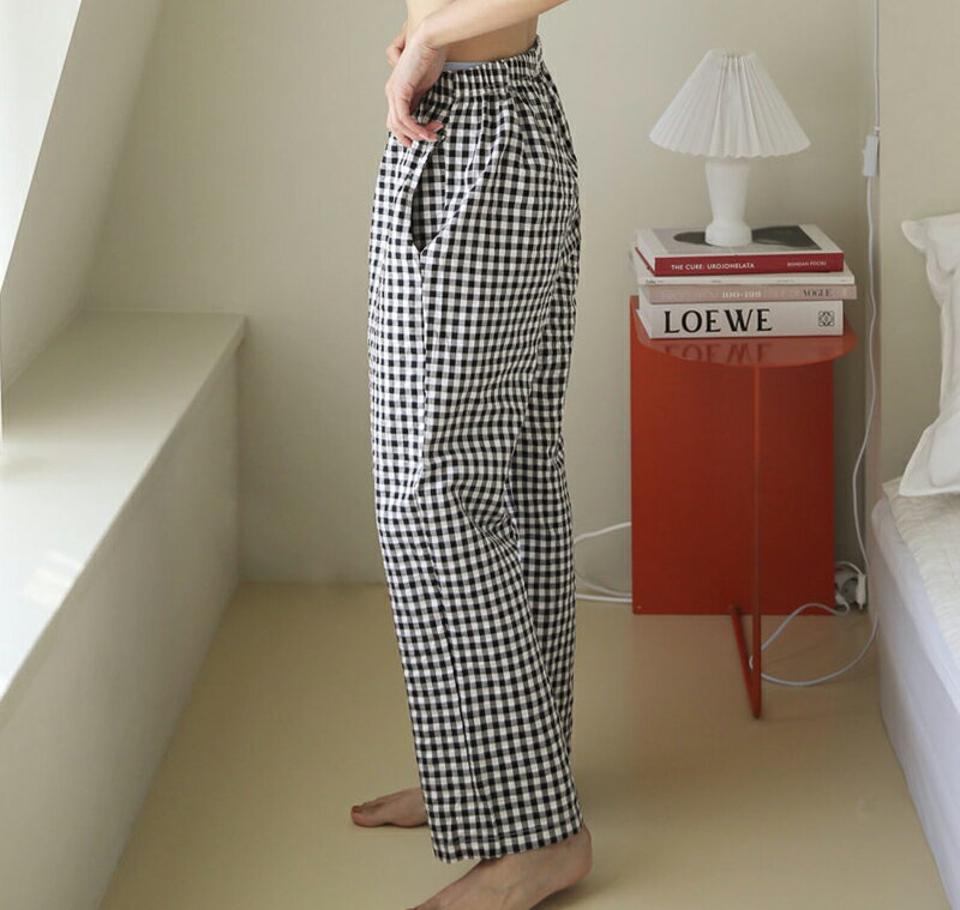 ギンガムチェックパジャマパンツ・全4色・d44806 レディース 【uw】韓国ファッション アンダーウェア ルームウェア パジャマパンツ パジャマ 部屋着 ポケット パンツ ギンガム チェック ロング丈 ゴム ワイド 大人 秋 春