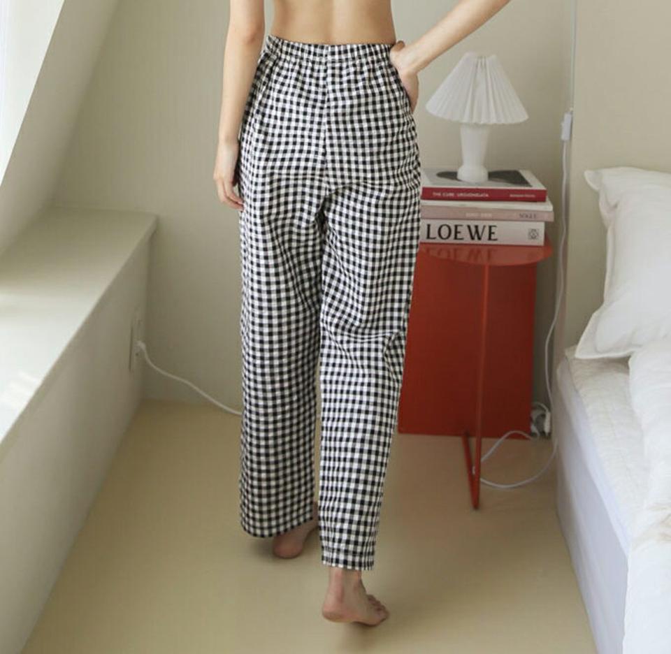 ギンガムチェックパジャマパンツ・全4色・d44806 レディース 【uw】韓国ファッション アンダーウェア ルームウェア パジャマパンツ パジャマ 部屋着 ポケット パンツ ギンガム チェック ロング丈 ゴム ワイド 大人 秋 春