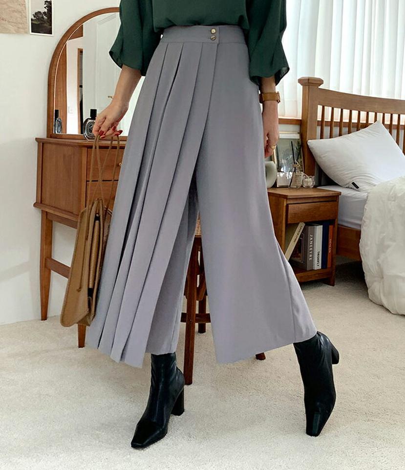 ゴールドツーボタンタックワイドパンツ・全3色・b69957 レディース 【pt】パンツ ズボン ロングパンツ ワイド タック 単色 無地 シンプル スカンツ 大人 春 秋 韓国ファッション ハイホリHIHOLLI