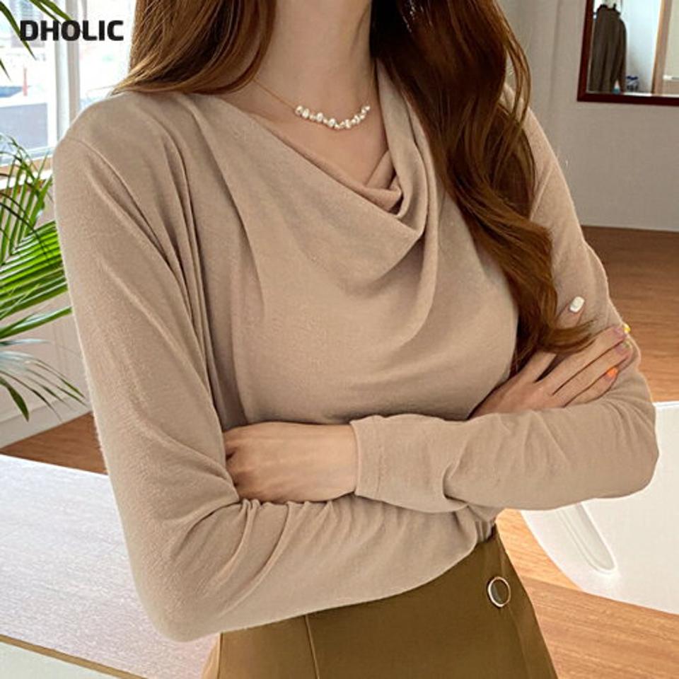 ドレープネック長袖Tシャツ・全3色・b70075 レディース 【tops】トップス Tシャツ 長袖 ドレープ 上品 フェミニン 大人 単色 無地 シンプル 春 秋 韓国ファッション ハイホリHIHOLLI