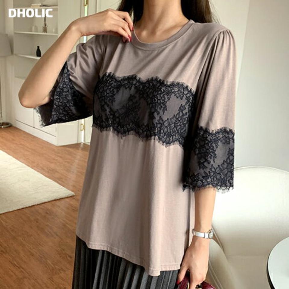 メッシュレースTシャツ・全2色・b69994 レディース 【tops】トップス Tシャツ 七分丈 七分袖 7分丈 7分袖 メッシュ ギャザー レース フェミニン 大人 春 秋 韓国 ファッション ハイホリHIHOLLI