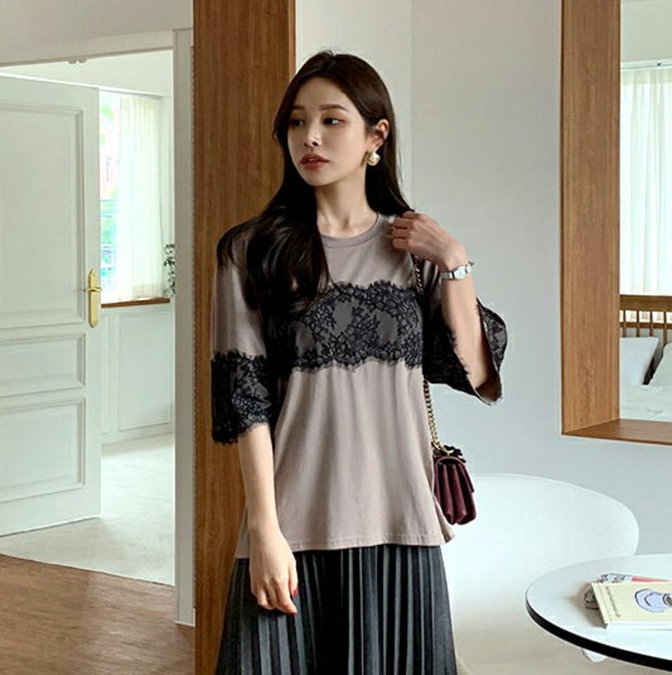 メッシュレースTシャツ・全2色・b69994 レディース 【tops】トップス Tシャツ 七分丈 七分袖 7分丈 7分袖 メッシュ ギャザー レース フェミニン 大人 春 秋 韓国 ファッション ハイホリHIHOLLI