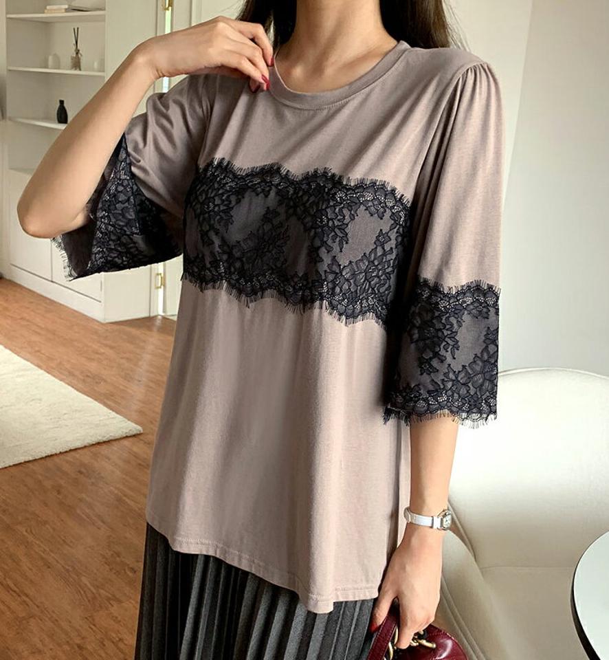 メッシュレースTシャツ・全2色・b69994 レディース 【tops】トップス Tシャツ 七分丈 七分袖 7分丈 7分袖 メッシュ ギャザー レース フェミニン 大人 春 秋 韓国 ファッション ハイホリHIHOLLI