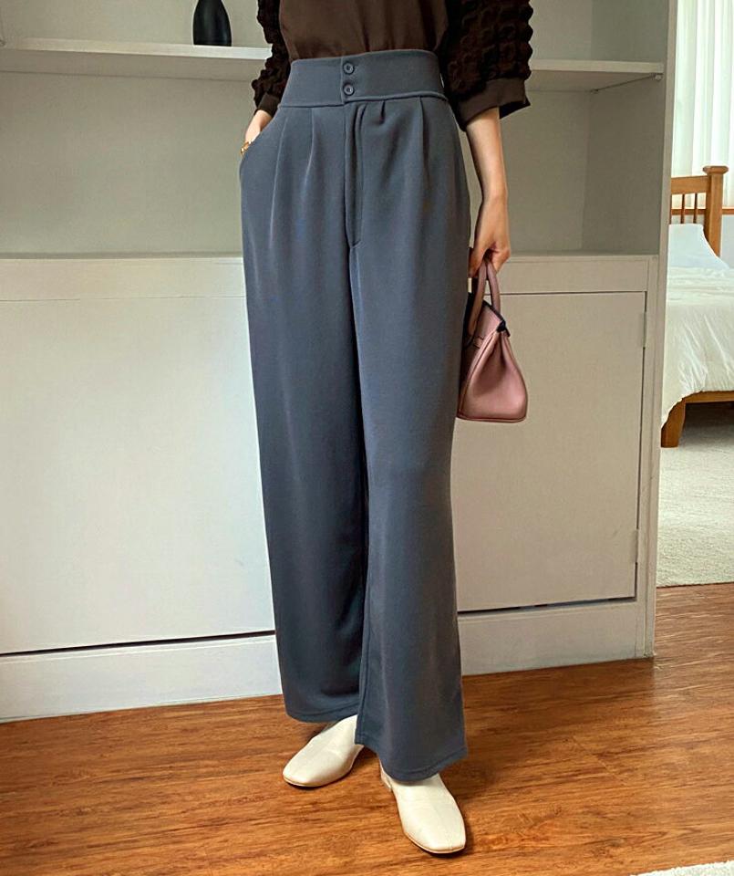 リブツーボタンワイドパンツ・全4色・b69958 レディース 【pt】パンツ ズボン ロングパンツ ワイド リブパンツ 単色 無地 シンプル ベーシック 大人 カジュアル 春 秋 韓国 ファッション ハイホリHIHOLLI