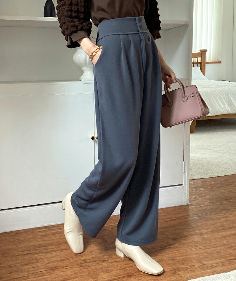 リブツーボタンワイドパンツ・全4色・b69958 レディース 【pt】パンツ ズボン ロングパンツ ワイド リブパンツ 単色 無地 シンプル ベーシック 大人 カジュアル 春 秋 韓国 ファッション ハイホリHIHOLLI