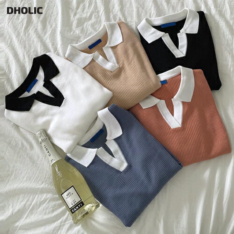 ≪人気商品再入荷≫リブカラー配色ニット・全5色・t69948 レディース 【tops】トップス ニット 年上 長袖 リブ ポロ襟 配色 シンプル カジュアル 大人 バイカラー カラーニット 青 ピンク 春 秋 骨格ストレート 韓国ファッション ハイホリHIHOLLI