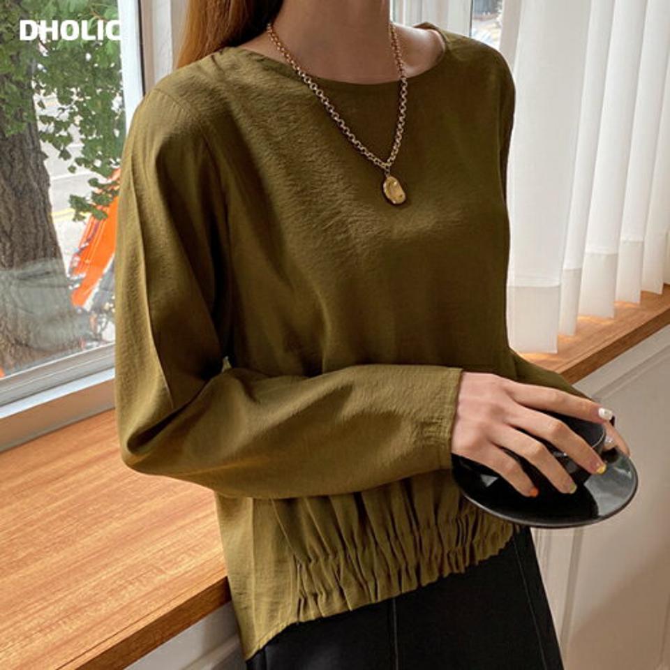 ゴムヘムラウンドネックブラウス・全3色・t69881 レディース 【bl】トップス ブラウス 長袖 ラウンドネック 単色 無地 シンプル 大人 アンバランス 春 秋 韓国 ファッション ハイホリHIHOLLI