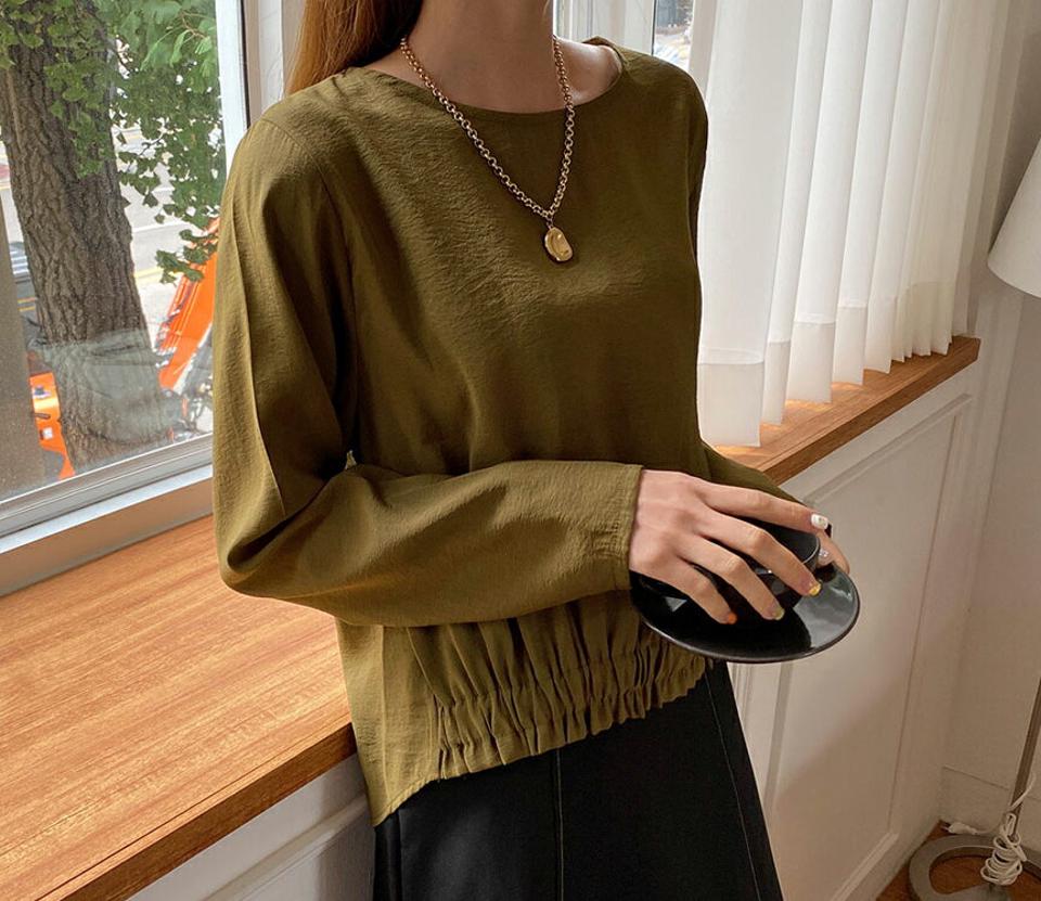 ゴムヘムラウンドネックブラウス・全3色・t69881 レディース 【bl】トップス ブラウス 長袖 ラウンドネック 単色 無地 シンプル 大人 アンバランス 春 秋 韓国 ファッション ハイホリHIHOLLI