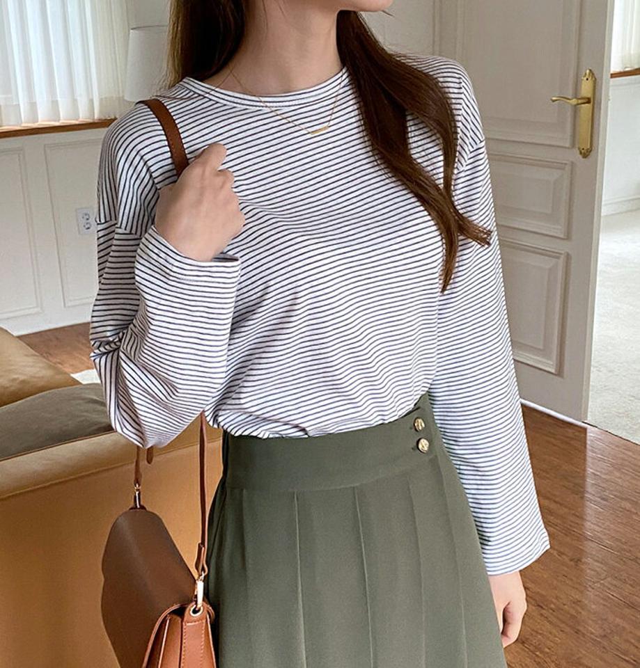 ボーダールーズTシャツ・全5色・t69945 レディース 【tops】トップス Tシャツ 長袖 ロンT ボーダー柄 ルーズ カジュアル ラフ 大人 春 秋 韓国 ファッション ハイホリHIHOLLI