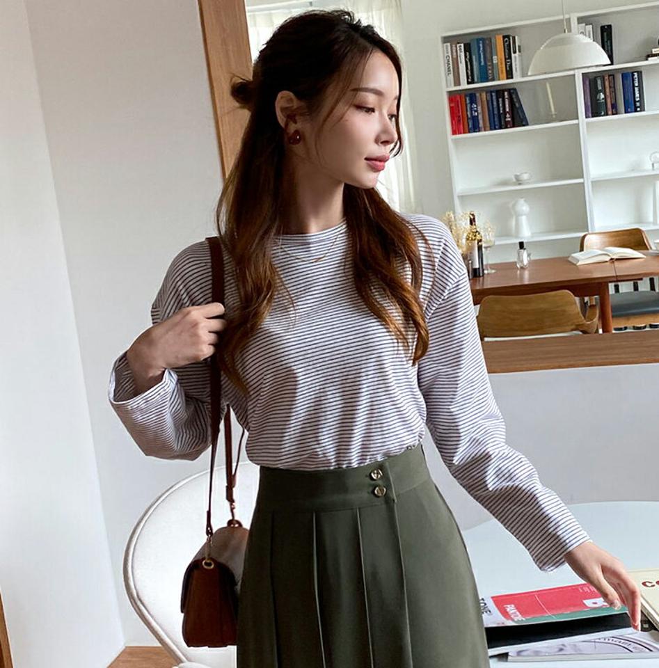 ボーダールーズTシャツ・全5色・t69945 レディース 【tops】トップス Tシャツ 長袖 ロンT ボーダー柄 ルーズ カジュアル ラフ 大人 春 秋 韓国 ファッション ハイホリHIHOLLI