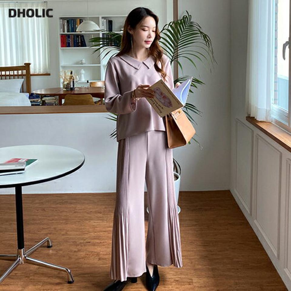 2WAYプリーツカラーブラウス&プリーツワイドパンツSET・全2色・b69890 レディース 【pt】セットアップ setup トップス ブラウス 長袖 パンツ ズボン プリーツ フェミニン かわいい 春 秋 韓国 ファッション ハイホリHIHOLLI