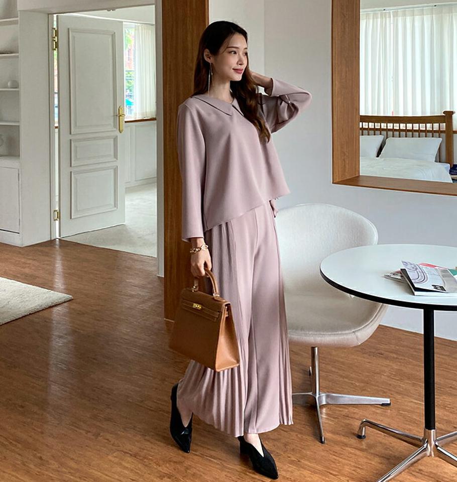 2WAYプリーツカラーブラウス&プリーツワイドパンツSET・全2色・b69890 レディース 【pt】セットアップ setup トップス ブラウス 長袖 パンツ ズボン プリーツ フェミニン かわいい 春 秋 韓国 ファッション ハイホリHIHOLLI