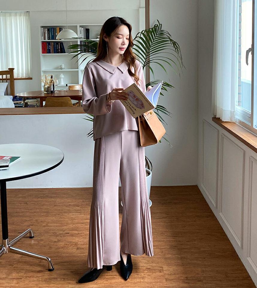 2WAYプリーツカラーブラウス&プリーツワイドパンツSET・全2色・b69890 レディース 【pt】セットアップ setup トップス ブラウス 長袖 パンツ ズボン プリーツ フェミニン かわいい 春 秋 韓国 ファッション ハイホリHIHOLLI