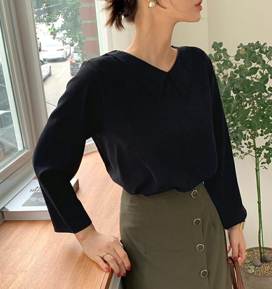 2WAYプリーツカラーブラウス・全2色・b69955 レディース 【bl】トップス ブラウス 長袖 プリーツ 体型カバー シンプル 単色 可愛い かわいい 春 秋 韓国 ファッション ハイホリHIHOLLI