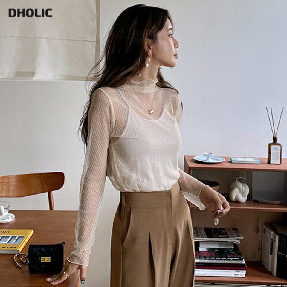 2TYPEメッシュブラウス・58139 レディース 【bl】韓国ファッション トップス ブラウス 長袖 大人 ドット 花柄 メッシュ 上品 シースルー シンプル 薄い生地 フェミニン ガーリー カジュアル 体型カバー 秋 春