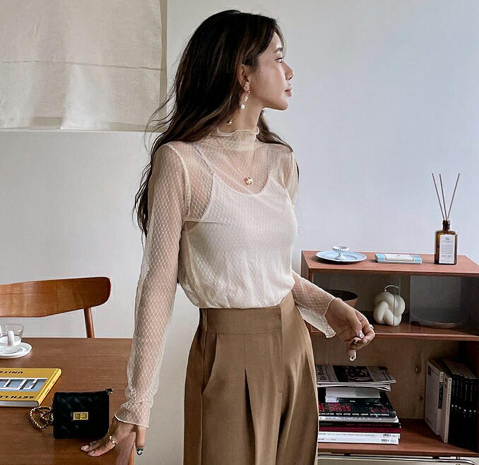 2TYPEメッシュブラウス・58139 レディース 【bl】韓国ファッション トップス ブラウス 長袖 大人 ドット 花柄 メッシュ 上品 シースルー シンプル 薄い生地 フェミニン ガーリー カジュアル 体型カバー 秋 春