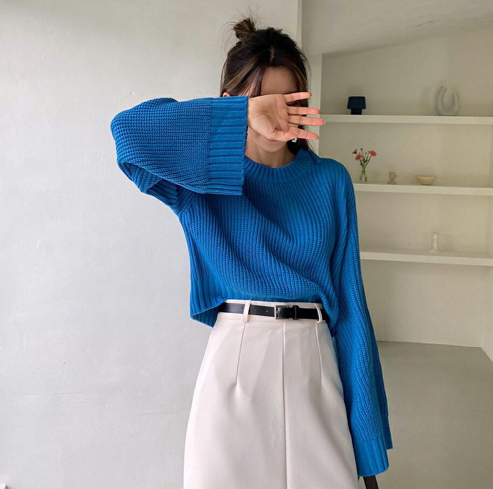 ショルダーレースアップクロップドニット・全4色・t62768 レディース 【tops】韓国 ファッション トップス ニット 大人 長袖 ラウンドネック ショルダー レースアップ クロップド丈 シンプル カジュアル 体型カーバー 細身 フェミニン 上品 秋 春