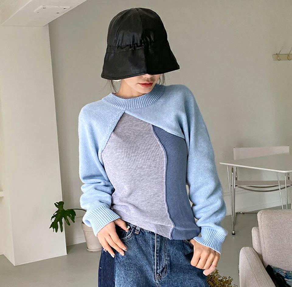 フロントカットニット・全4色・t62762 レディース 【tops】韓国ファッション トップス ニット 年上 大人 長袖 ラウンドネック ボレロ ルーズ アンバランス スリット クロップド丈 リブ シンプル 体型カーバー 水色 カラーニット フェミニン プルオーバー 上品 秋 春