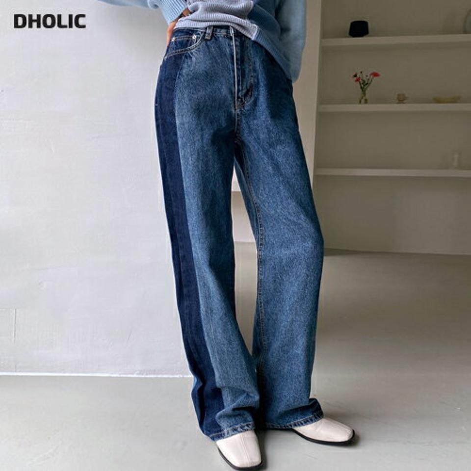 配色ワイドデニムパンツ・全2色・t62796 レディース 【pt】韓国ファッション ボトムス ロング ロングパンツ デニム 配色 ワイド デニムパンツ ロング丈 ユニーク ボタン ポケット 体型もカバー デイリー 美脚 足長 シンプル 秋 春