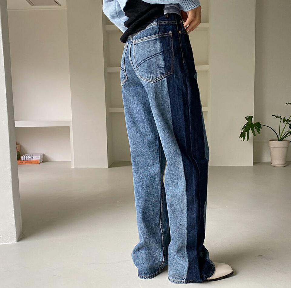 配色ワイドデニムパンツ・全2色・t62796 レディース 【pt】韓国ファッション ボトムス ロング ロングパンツ デニム 配色 ワイド デニムパンツ ロング丈 ユニーク ボタン ポケット 体型もカバー デイリー 美脚 足長 シンプル 秋 春