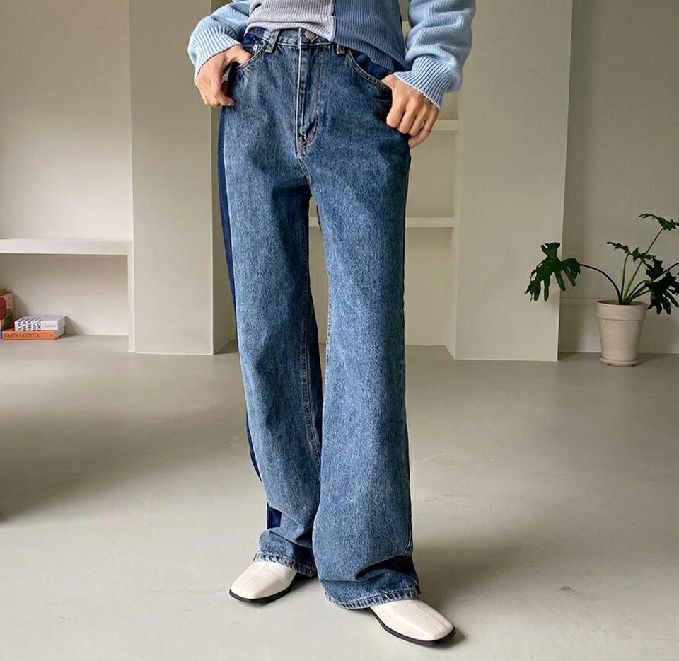 配色ワイドデニムパンツ・全2色・t62796 レディース 【pt】韓国ファッション ボトムス ロング ロングパンツ デニム 配色 ワイド デニムパンツ ロング丈 ユニーク ボタン ポケット 体型もカバー デイリー 美脚 足長 シンプル 秋 春