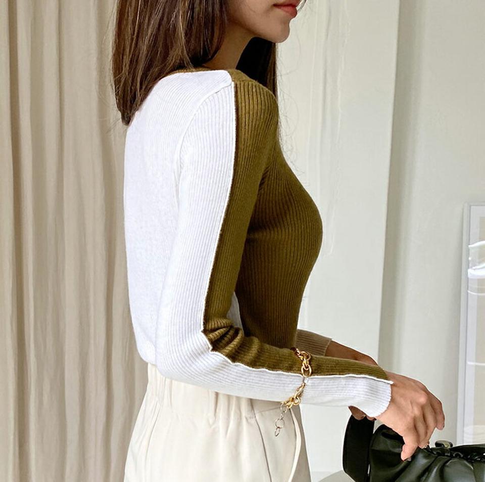 【スーパーセール特価】配色リブニット・全2色・b62754 レディース 【tops】韓国ファッション トップス ニット 年上 大人 長袖 ラウンドネック 配色 リブ スリム シンプル カジュアル デイリー フェミニン 上品 バイカラー クリスマス 秋 春