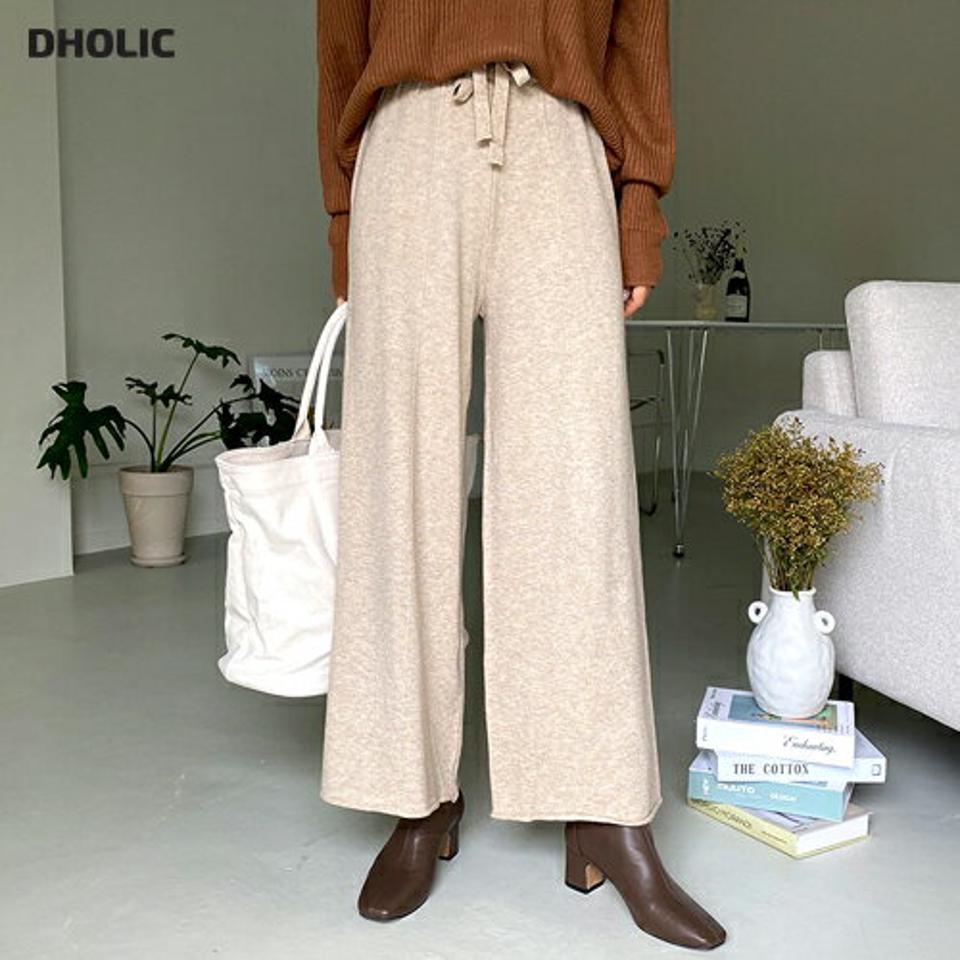 ニットワイドパンツ・全3色・b62774 レディース 【pt】韓国 ファッション ボトムス ロング ロングパンツ ワイドパンツ ニット ワイド カットオフ センタープレス ストラップ 体型カバー ゴム カジュアル デイリー 足長 美脚 フェミニン 秋 春