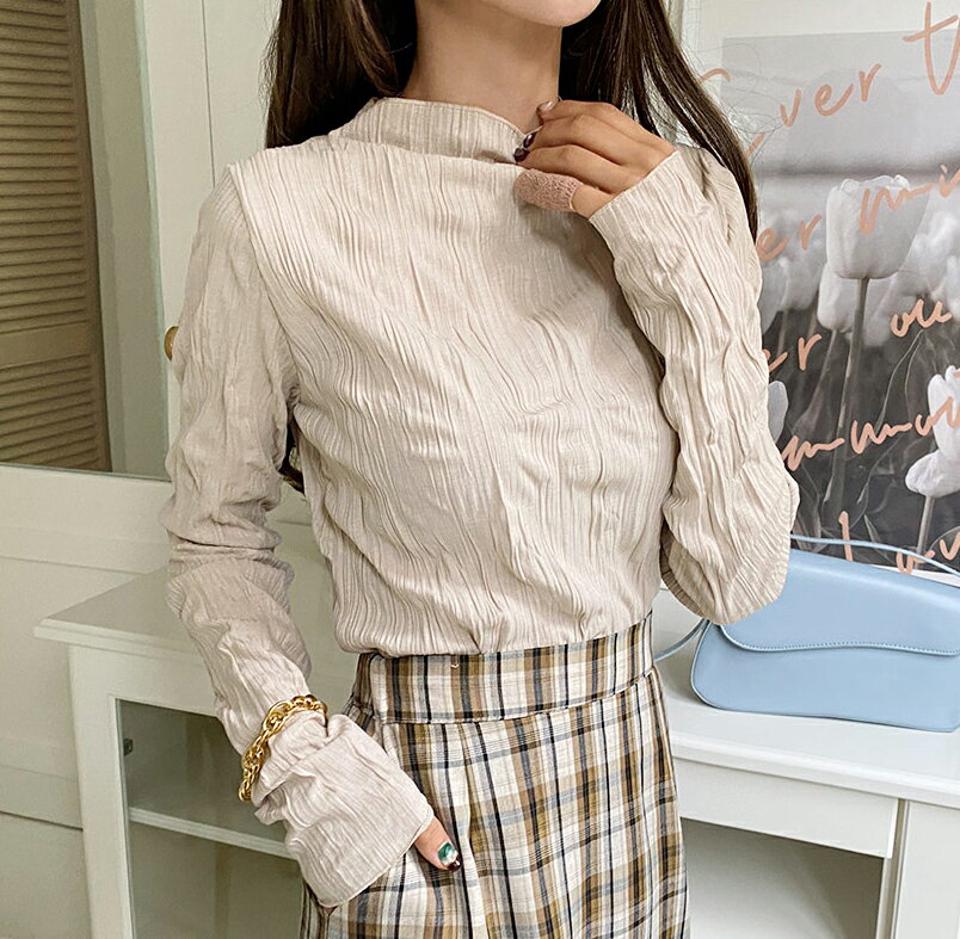 ウェーブリンクルハーフネックTシャツ・全4色・t62751 レディース 【tops】韓国ファッション トップス Tシャツ 長袖 ハーフネック ウェーブ リンクル シンプル カジュアル シンプル ガーリー デイリー 細身 フェミニン 高見え 秋 春
