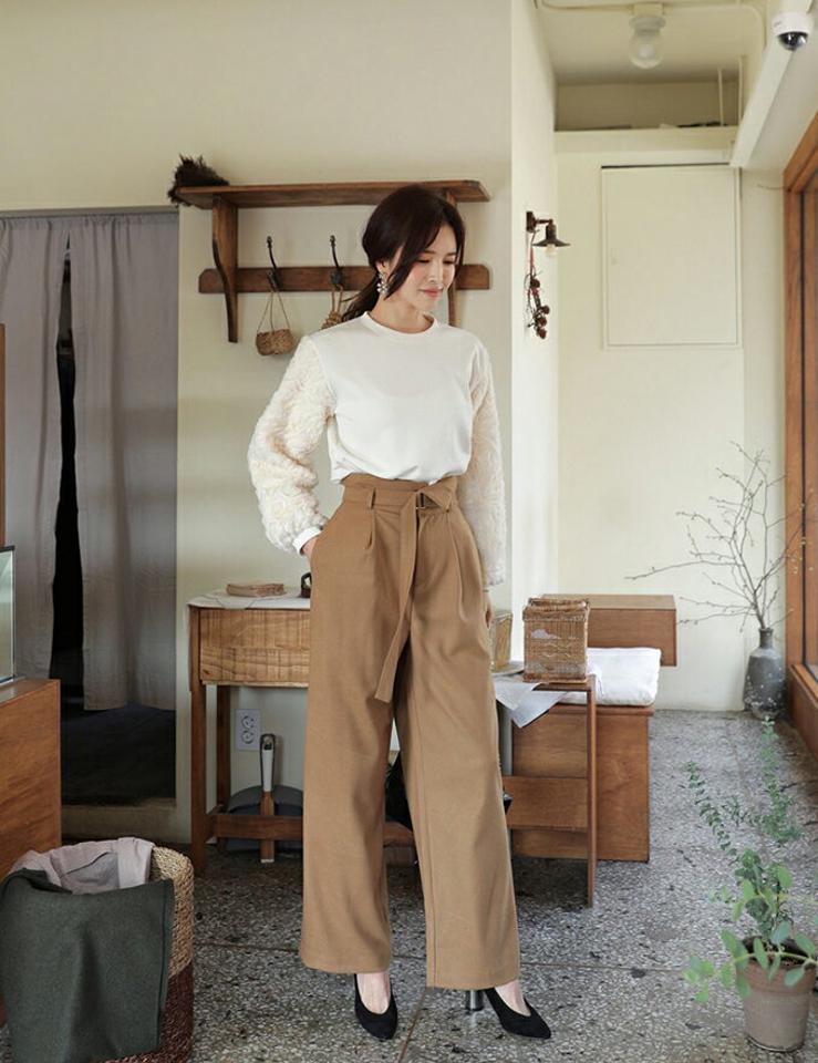 ベルトSETアンバランスウエストパンツ・全2色 t55306 レディース【pt】ガウチョパンツ ボトムス パンツ アンバランス ベルトセット ハイウエスト ユニーク ロング ロングパンツ ワイド ワイドパンツ ワンタック 上品 無地 ハイホリHIHOLLI