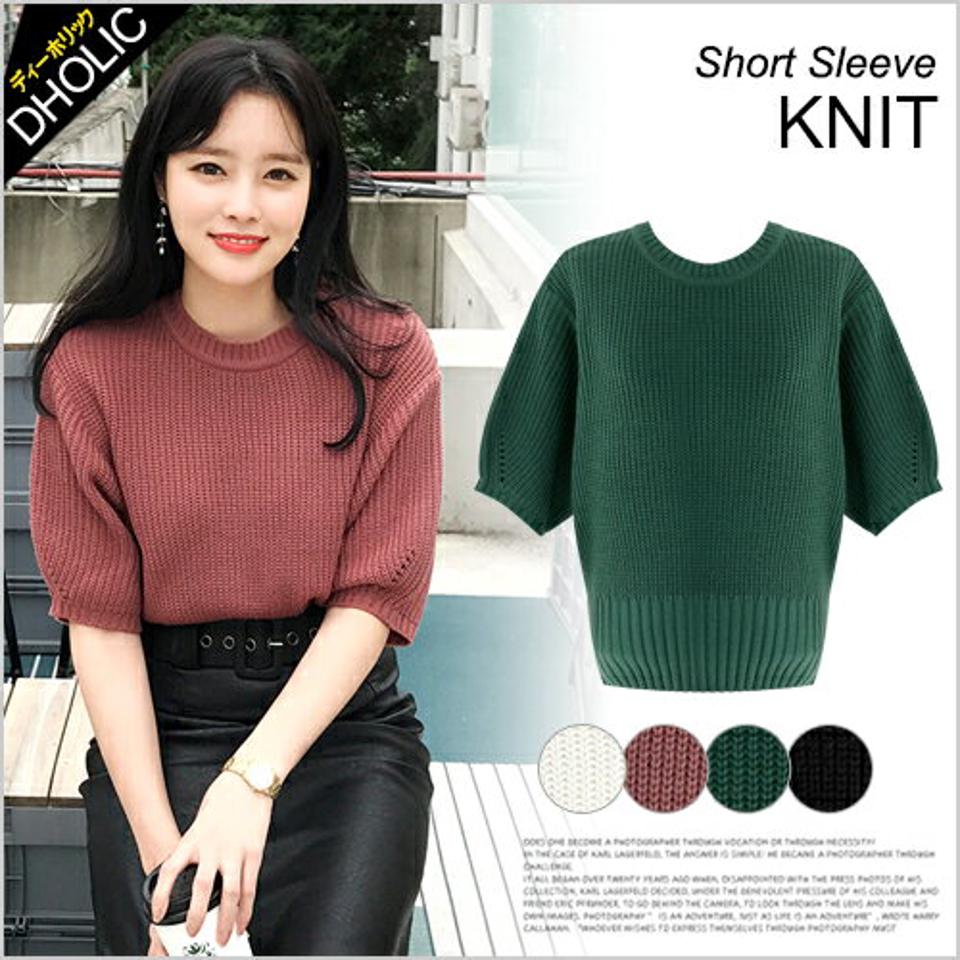 パフスリーブアクリルニットTシャツ・全4色・t47842 レディース【tops】トップス 半袖 無地 シンプル 春ニット 秋ニット ニットトップス パフスリーブ 単色 無地 リブ シンプル カジュアル ラフ ラウンドネック ボリューム袖 春 秋