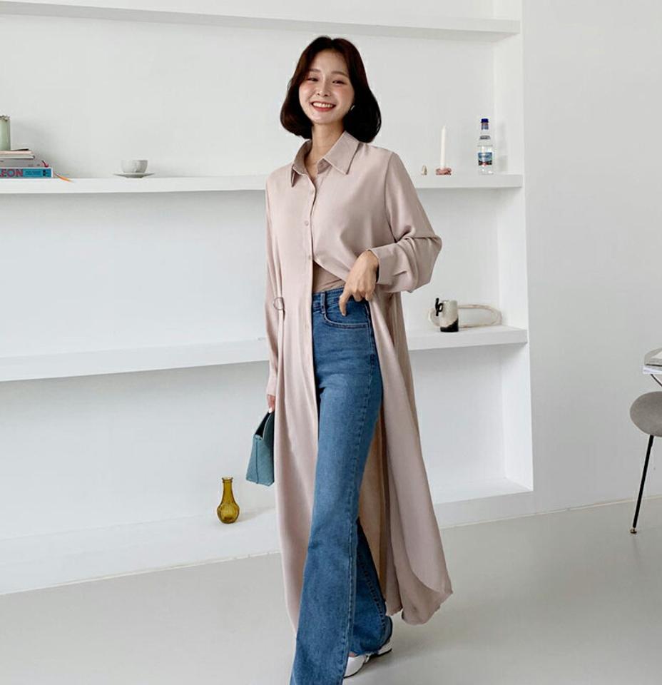 ベルトシャツロングワンピース・全3色・t62736 レディース 【ops】韓国 ファッション ワンピース ロング ロングワンピース 大人 シャツワンピース ロング丈 長袖 Aライン ストラップ カフス ボタン シンプル フェミニン 体型カバー 秋 春