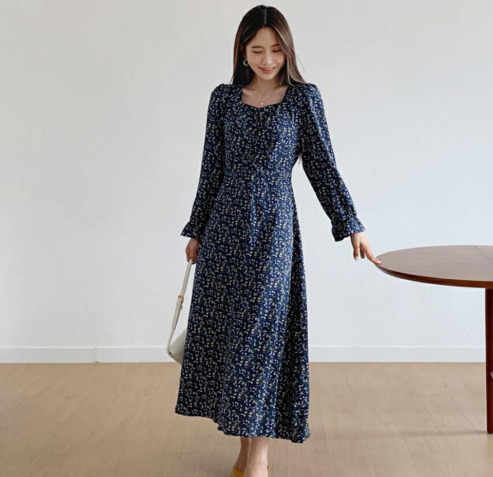 フラワーギャザーワンピース・全2色・t62735 レディース 【ops】韓国 ファッション ワンピース ロング ロングワンピース 大人 ハートネック 花柄 フラワー ギャザー Aライン ロング丈 ゴム 長袖 スリット シンプル フェミニン 体型カバー 秋 春