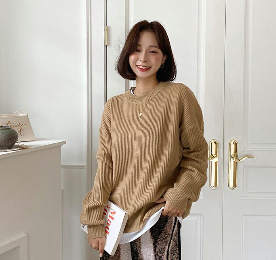 ラウンドネックニット・全5色・b62733 レディース 【tops】韓国ファッション トップス ニット 年上 大人 長袖 ラウンドネック リブ シンプル カジュアル 無地 体型カーバー フェミニン 上品 デイリー 秋 春