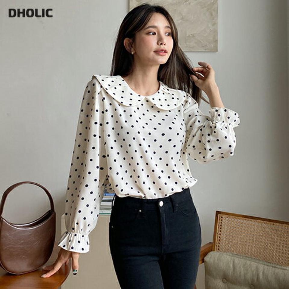 ドットラウンドカラーブラウス・全3色・b62728 レディース 【bl】韓国ファッション トップス ブラウス 長袖 大人 ウンドカラー ドットパターン ドット柄 フリル 上品 シンプル タック フェミニン ガーリー カジュアル 秋 春