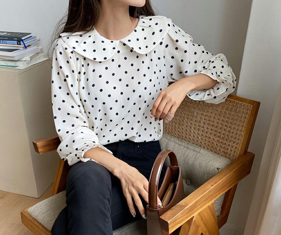 ドットラウンドカラーブラウス・全3色・b62728 レディース 【bl】韓国ファッション トップス ブラウス 長袖 大人 ウンドカラー ドットパターン ドット柄 フリル 上品 シンプル タック フェミニン ガーリー カジュアル 秋 春