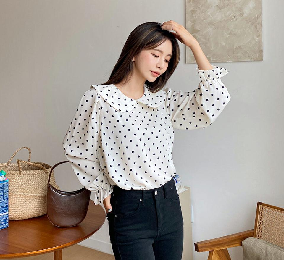 ドットラウンドカラーブラウス・全3色・b62728 レディース 【bl】韓国ファッション トップス ブラウス 長袖 大人 ウンドカラー ドットパターン ドット柄 フリル 上品 シンプル タック フェミニン ガーリー カジュアル 秋 春